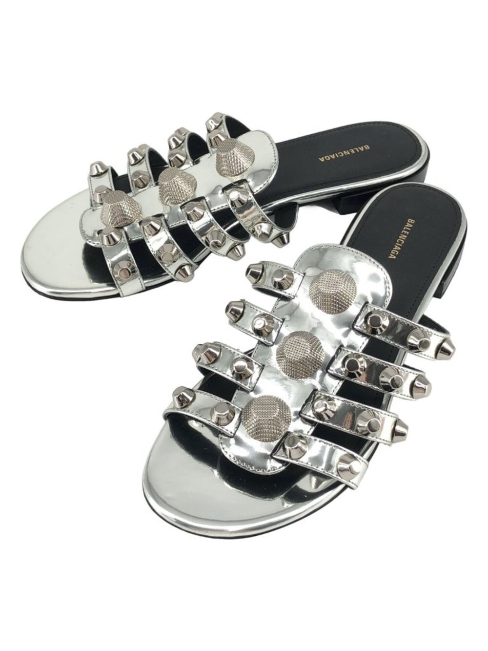 Balenciaga Patent Leather Studded Flat Sandals Silver